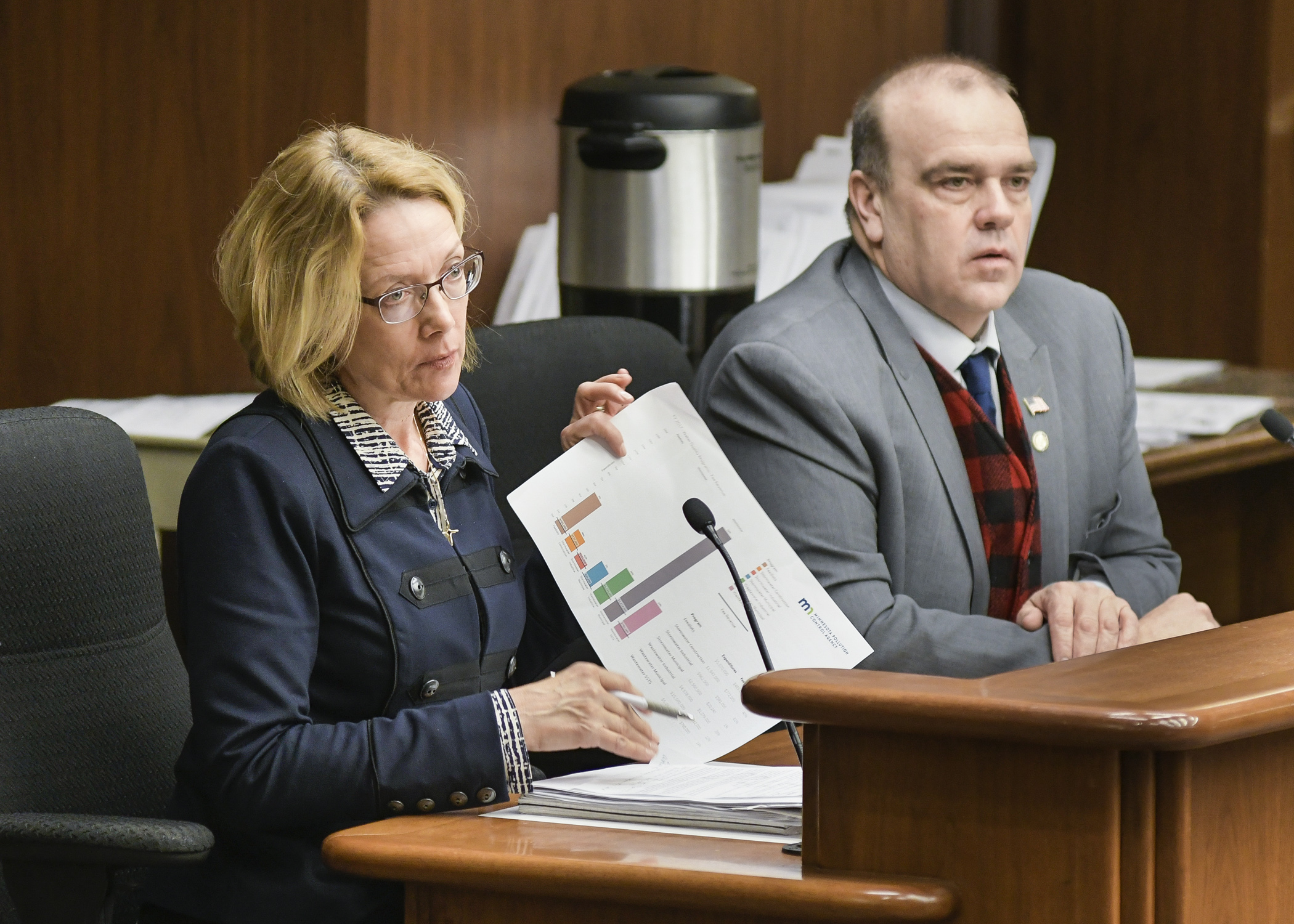 Greta Gauthier, legislative director for the MPCA, testifies March 21 before the House Environment and Natural Resources Policy and Finance Committee on a bill sponsored by Rep. Matt Bliss, right. Photo by Andrew VonBank